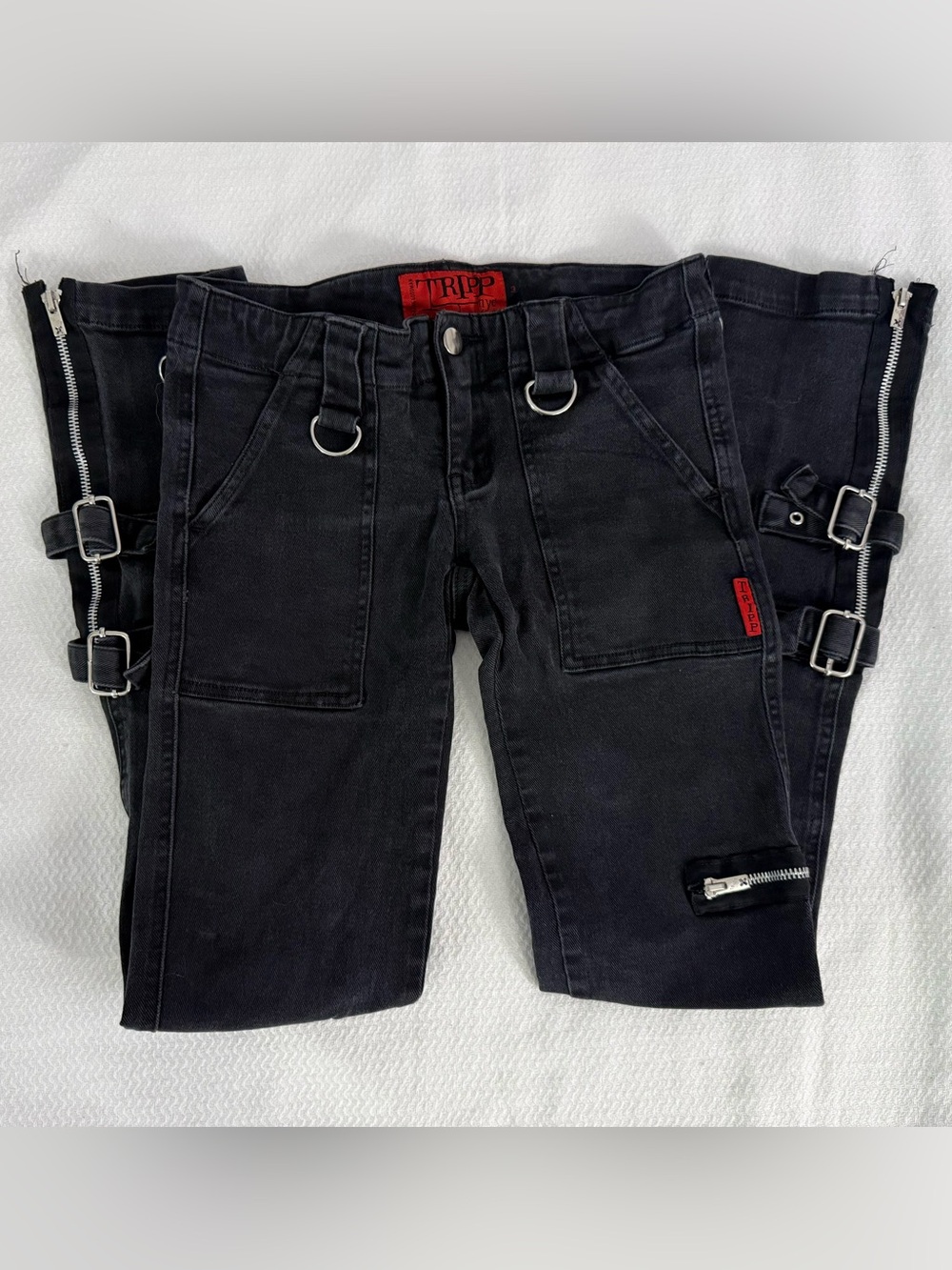 💀 Tripp NYC 💀 Black Skinny Jeans with D-Rings, Zippers, and Straps (rip on knee)